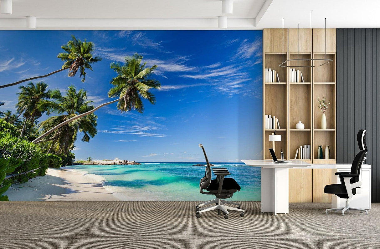 Paradise beach wallpaper adding summer vibes to a bathroom design