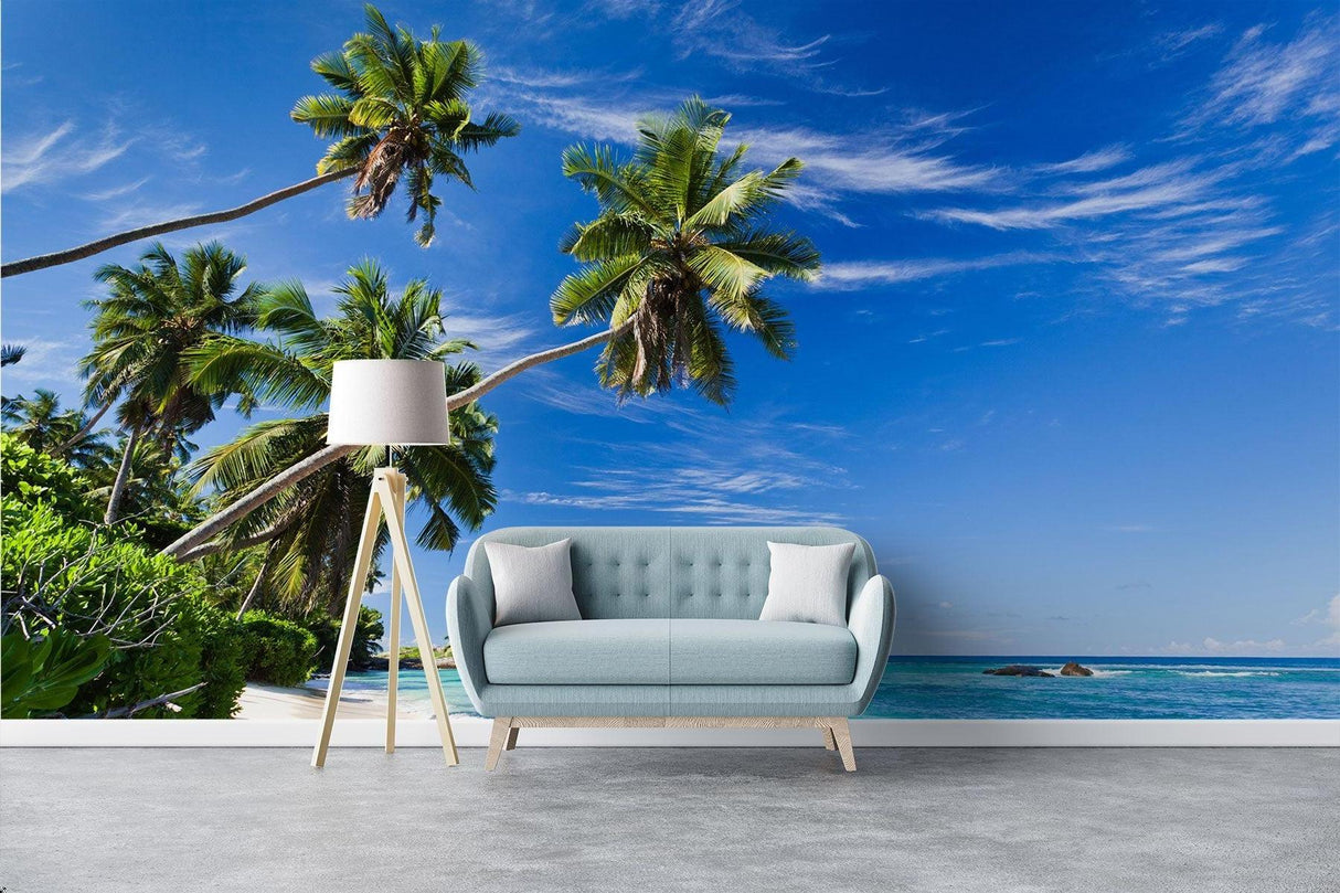 Beach scene mural creating depth in a minimalist hallway space