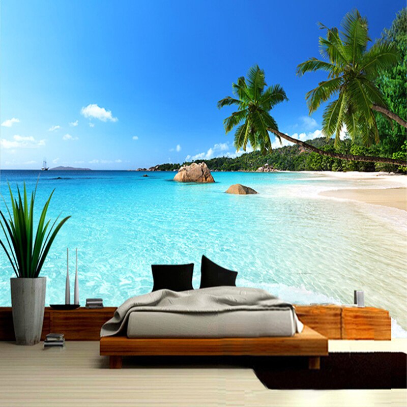 Beach paradise mural creating a stunning focal point in a master bedroom