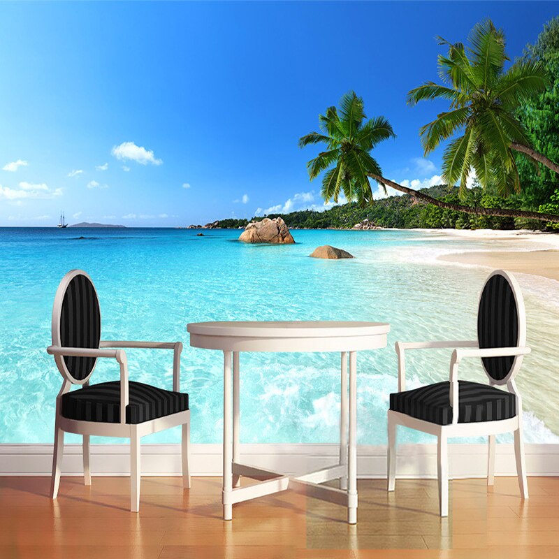 Ocean view wallpaper transforming a home office into a beachfront workspace