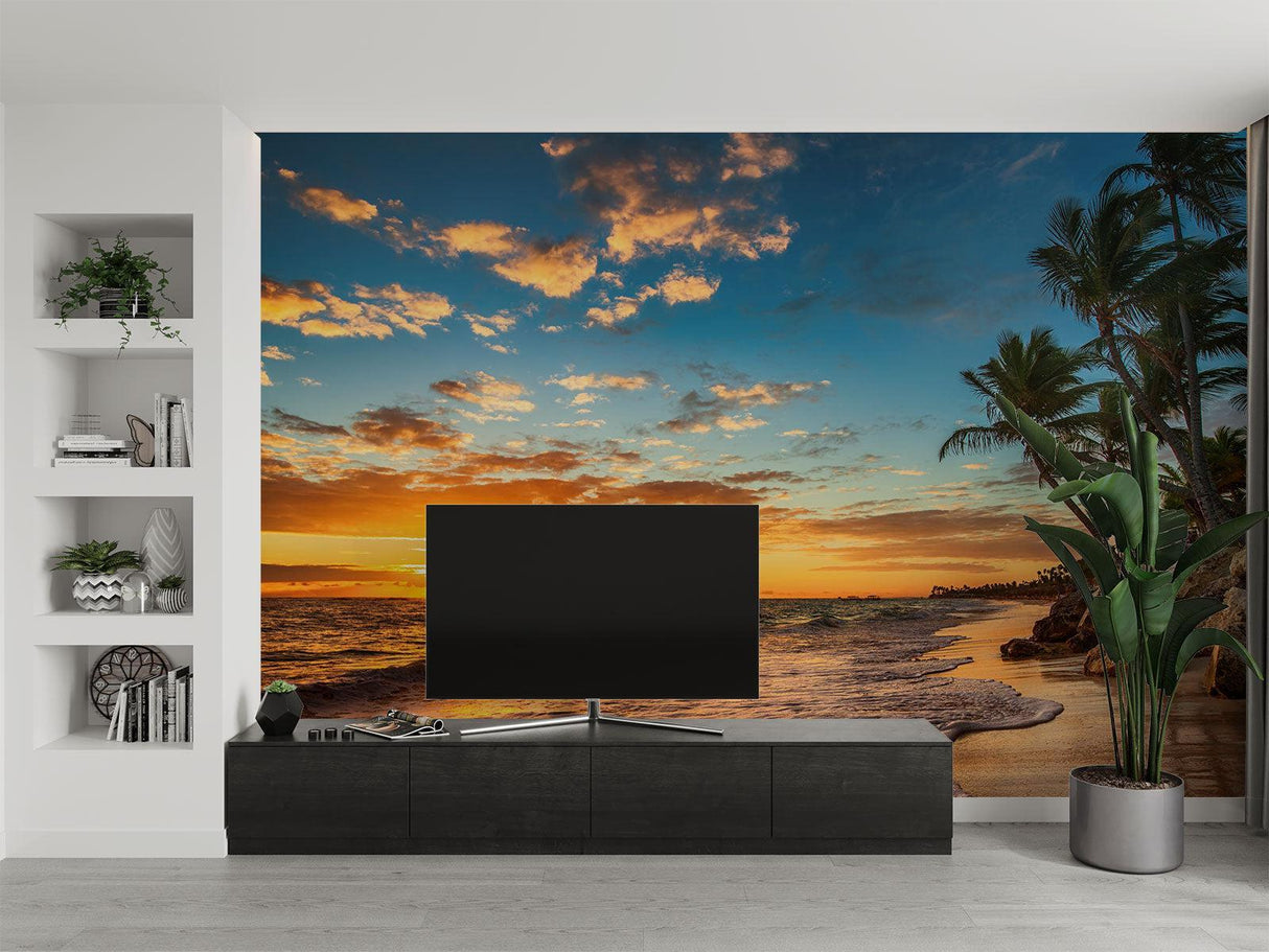 Tropical beach paradise wallpaper creating a serene atmosphere in a modern living room with white furniture