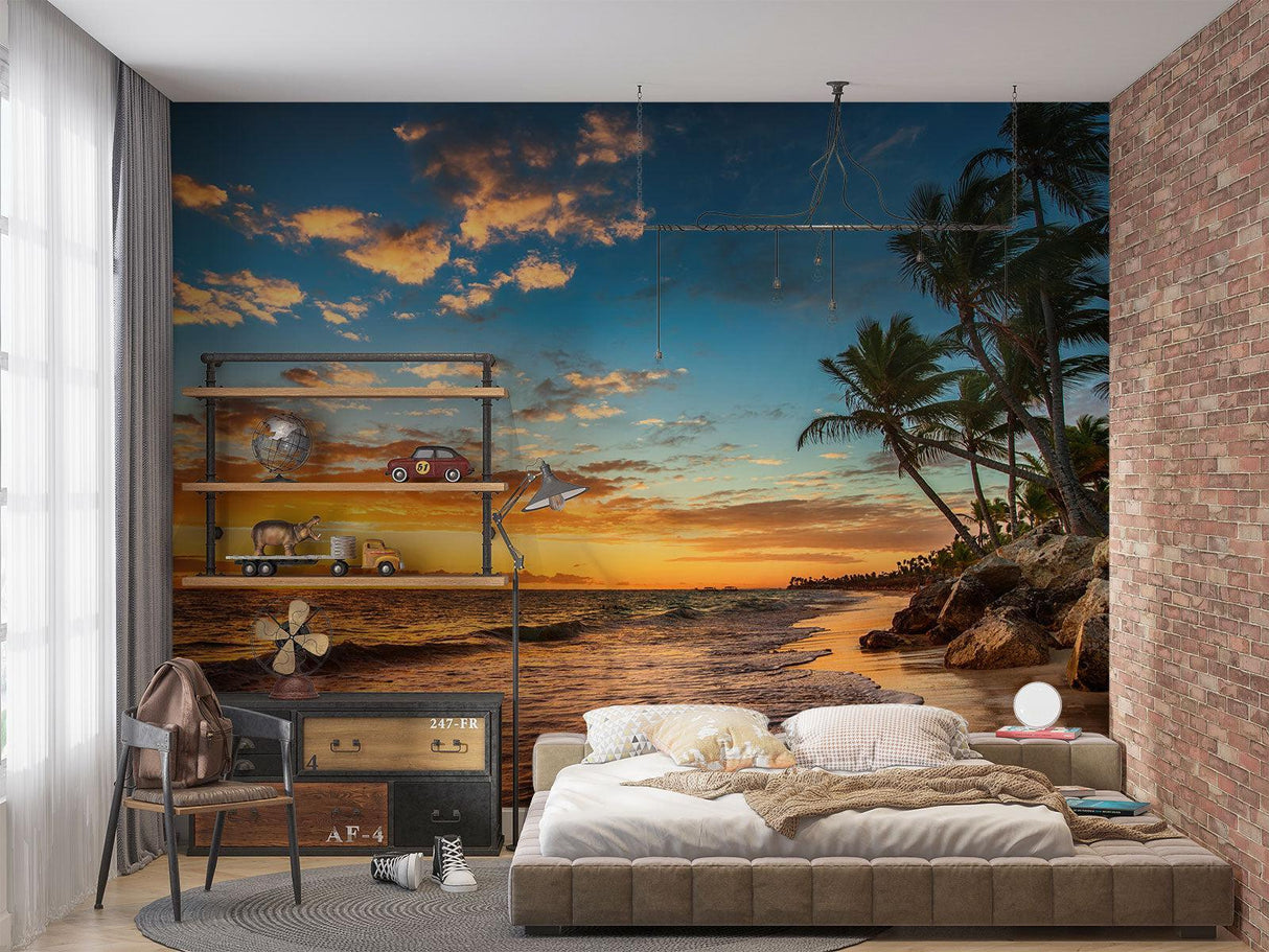 Beach sunset mural bringing warmth to a minimalist bedroom setup