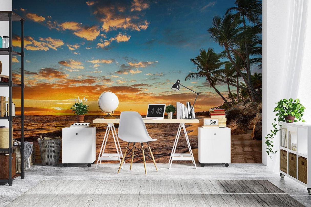 Paradise beach wallpaper transforming a home office into a coastal retreat