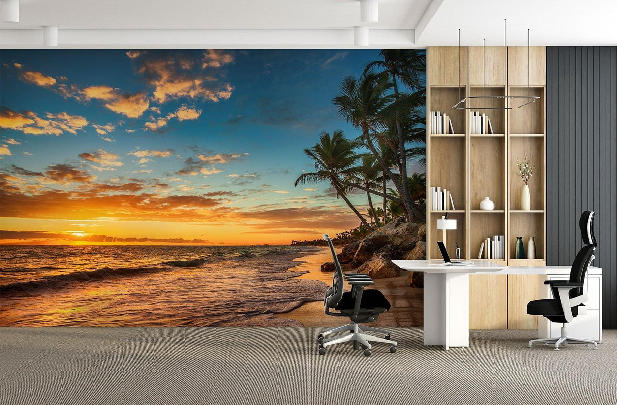 Sunset beach mural wallpaper making a statement in a dining room with natural light