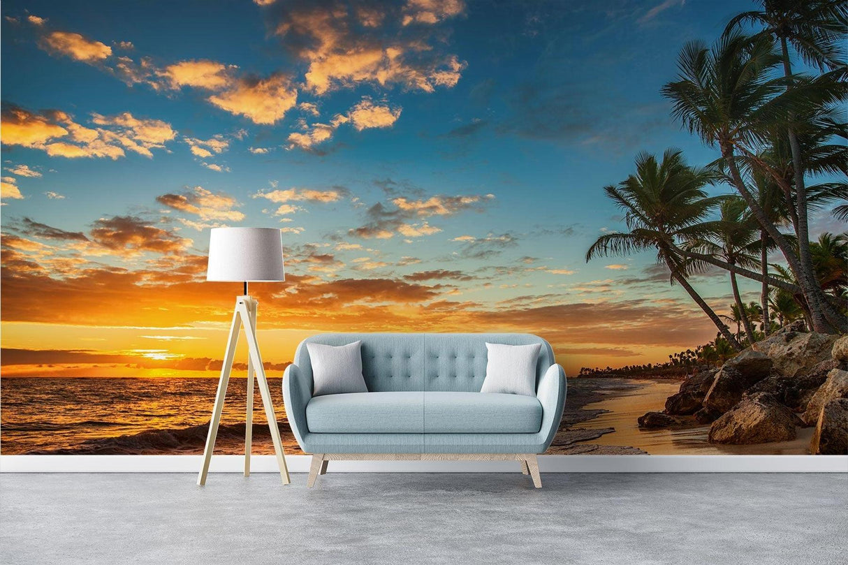 Tropical paradise wall mural creating depth in a compact reading nook