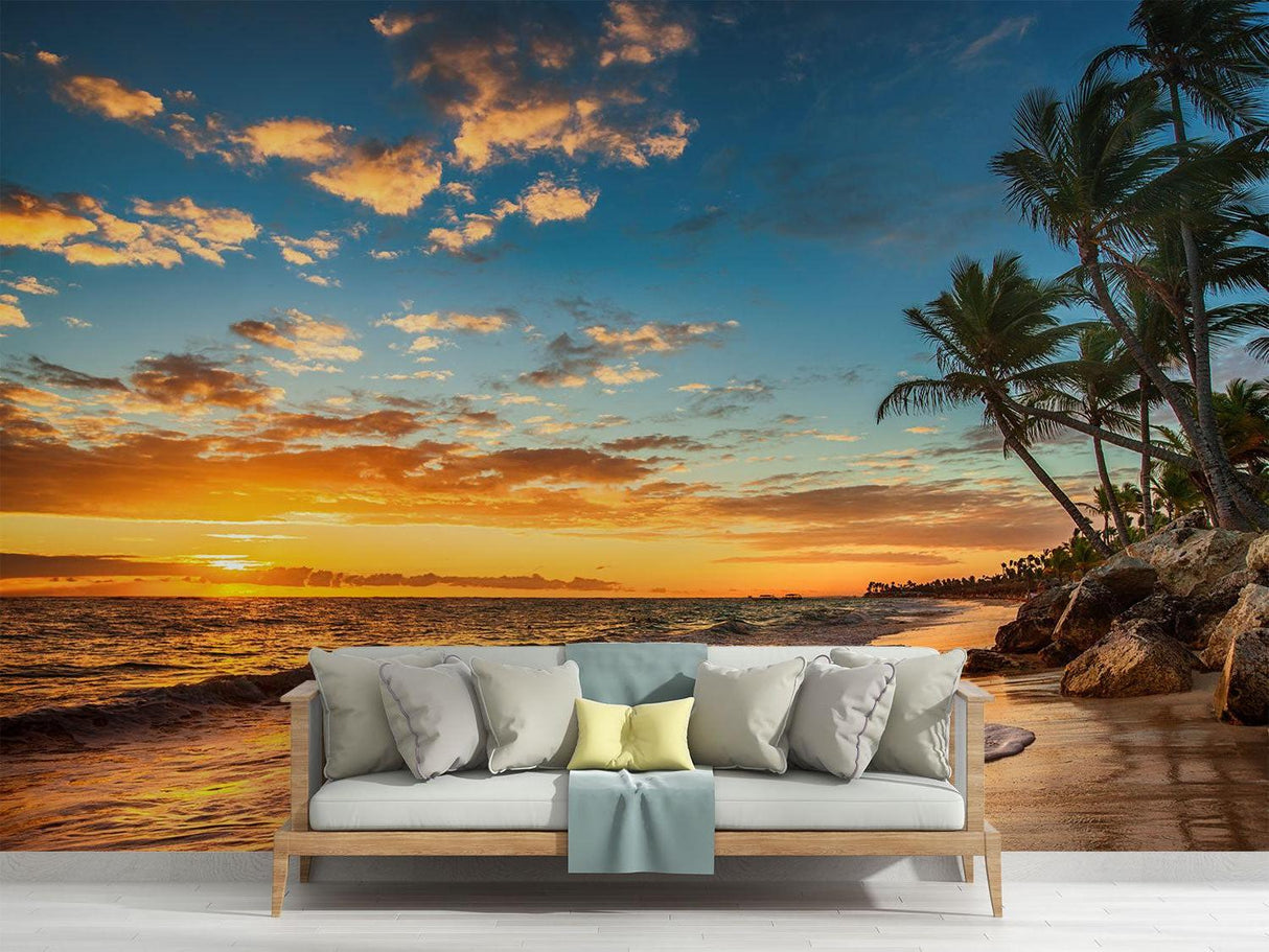 Beach paradise wallpaper adding warmth to a contemporary bathroom design