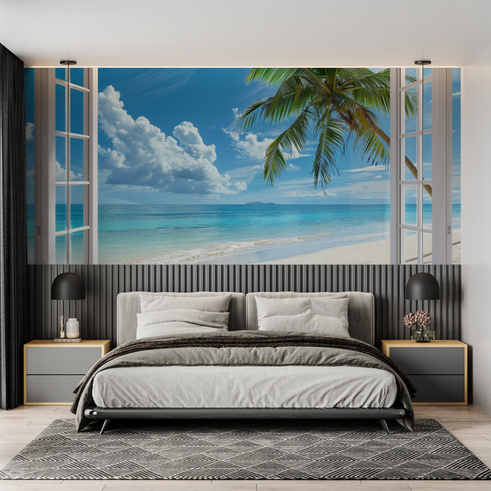 Tropical beach wallpaper creating window effect in bright modern living room with white sofa