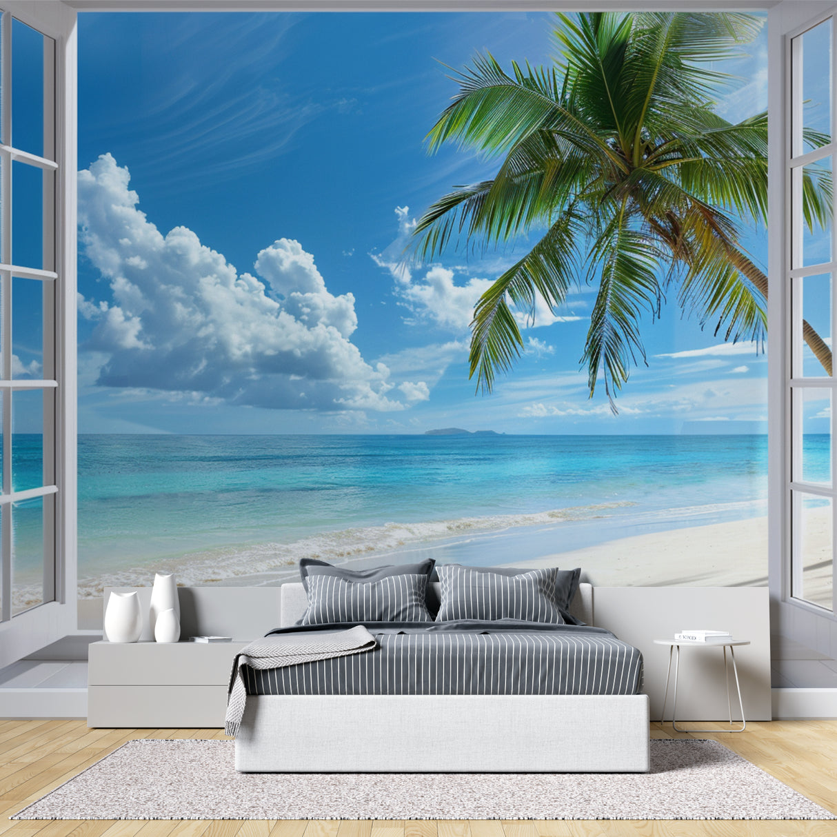 Beach paradise mural in master bedroom showing window view effect