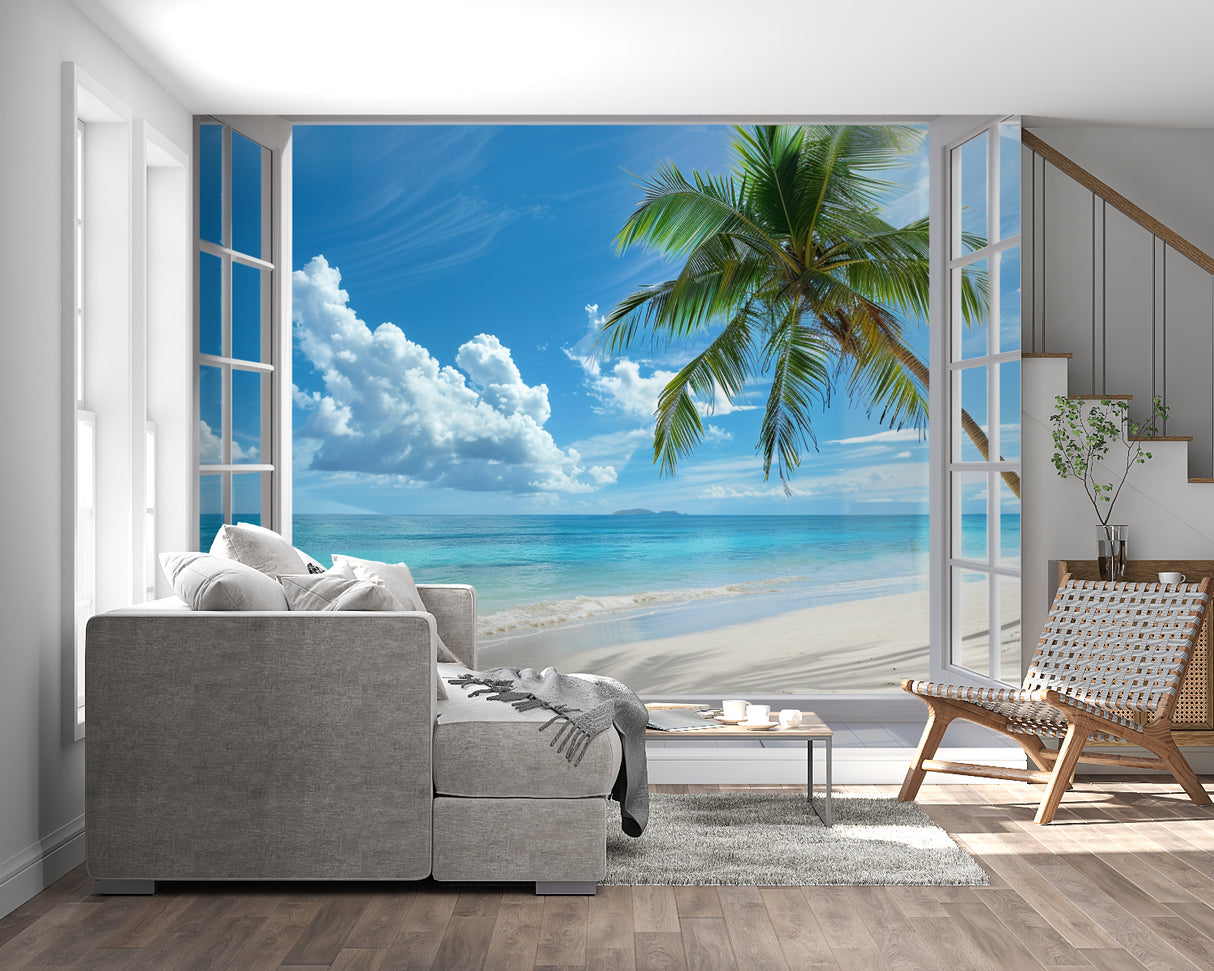 Paradise beach window mural brightening home office space