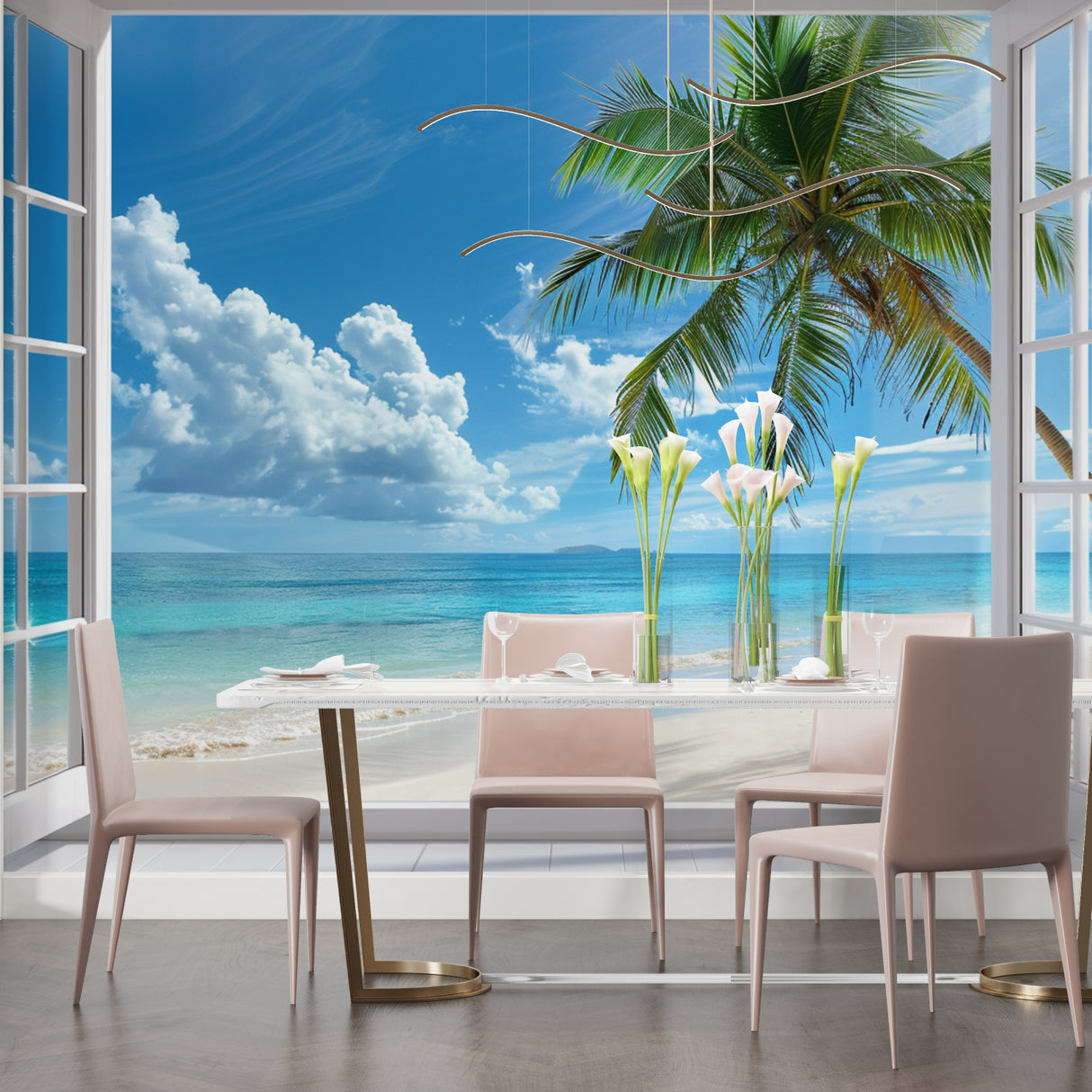 Tropical window view wallpaper in coastal style dining room