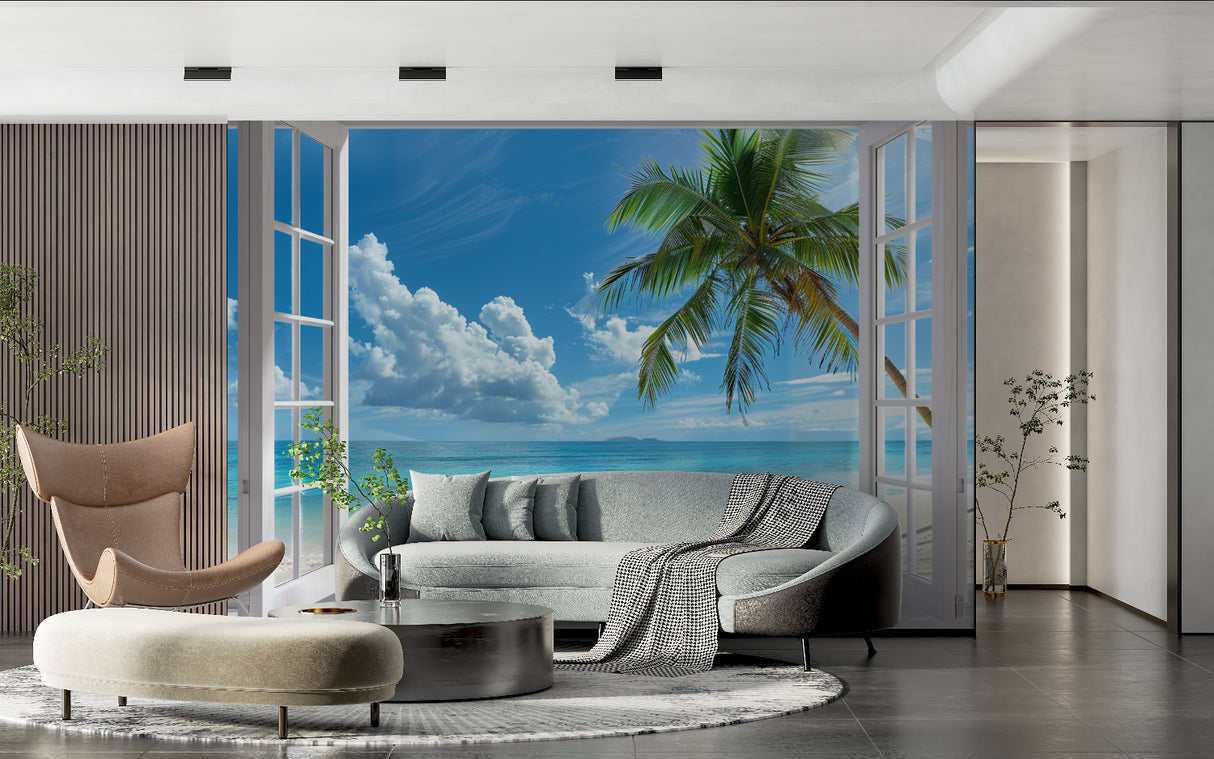 Beach paradise wallpaper creating depth in small bathroom space