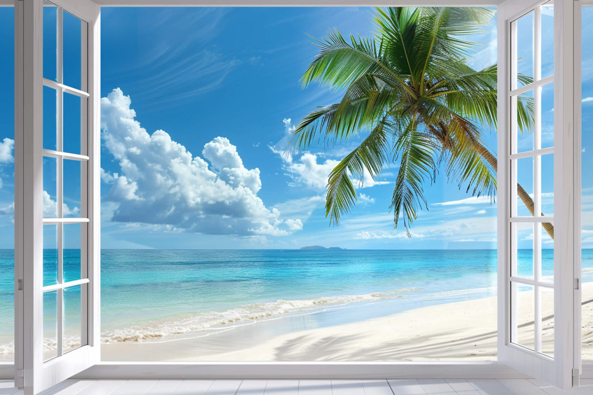 Design file of paradise beach window view with palm trees and turquoise ocean