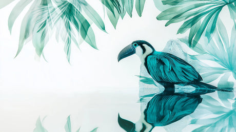 Turquoise toucan and palm leaves design file showing intricate pattern details on white background