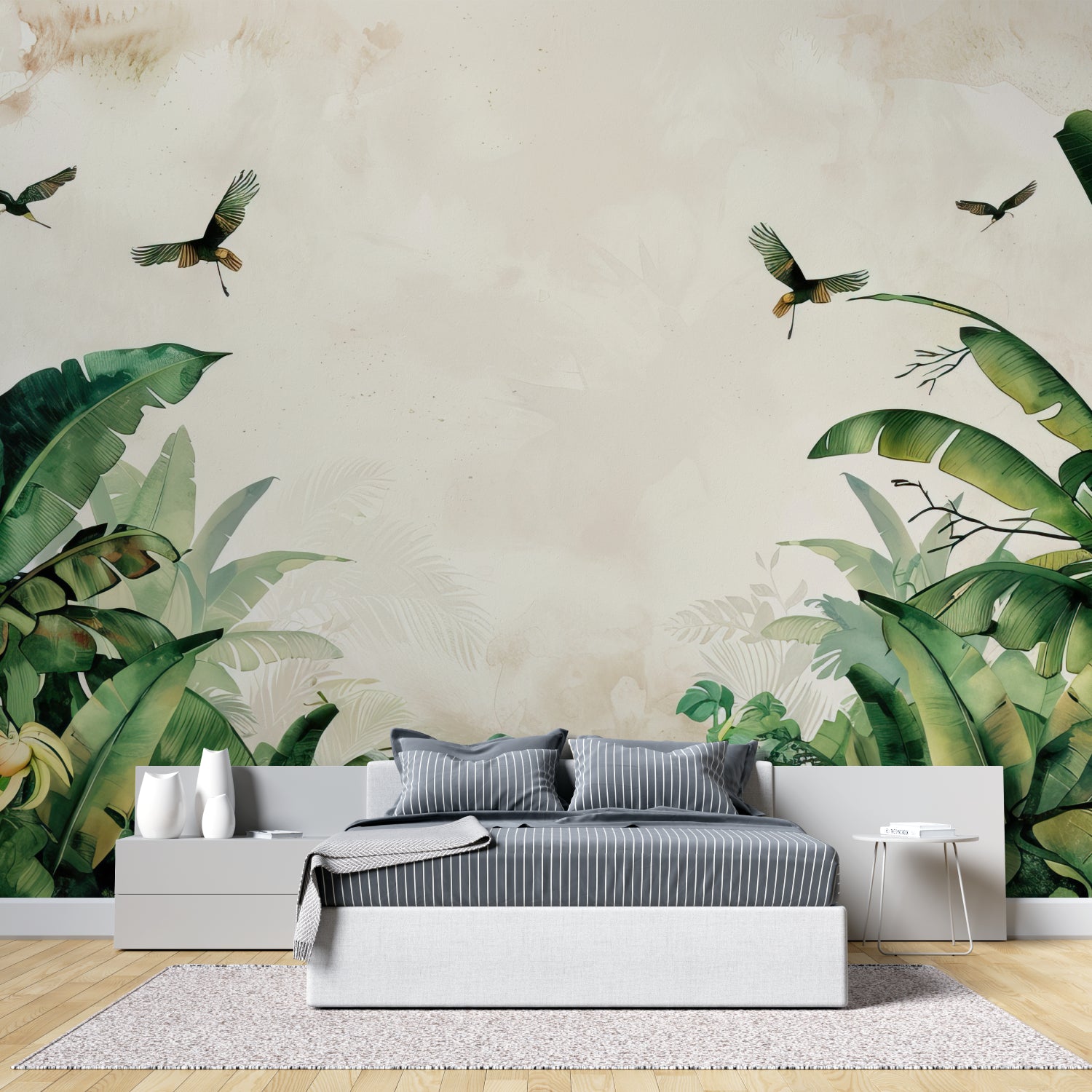 Banana leaf wall mural with birds bringing tropical vibes to a cozy bedroom