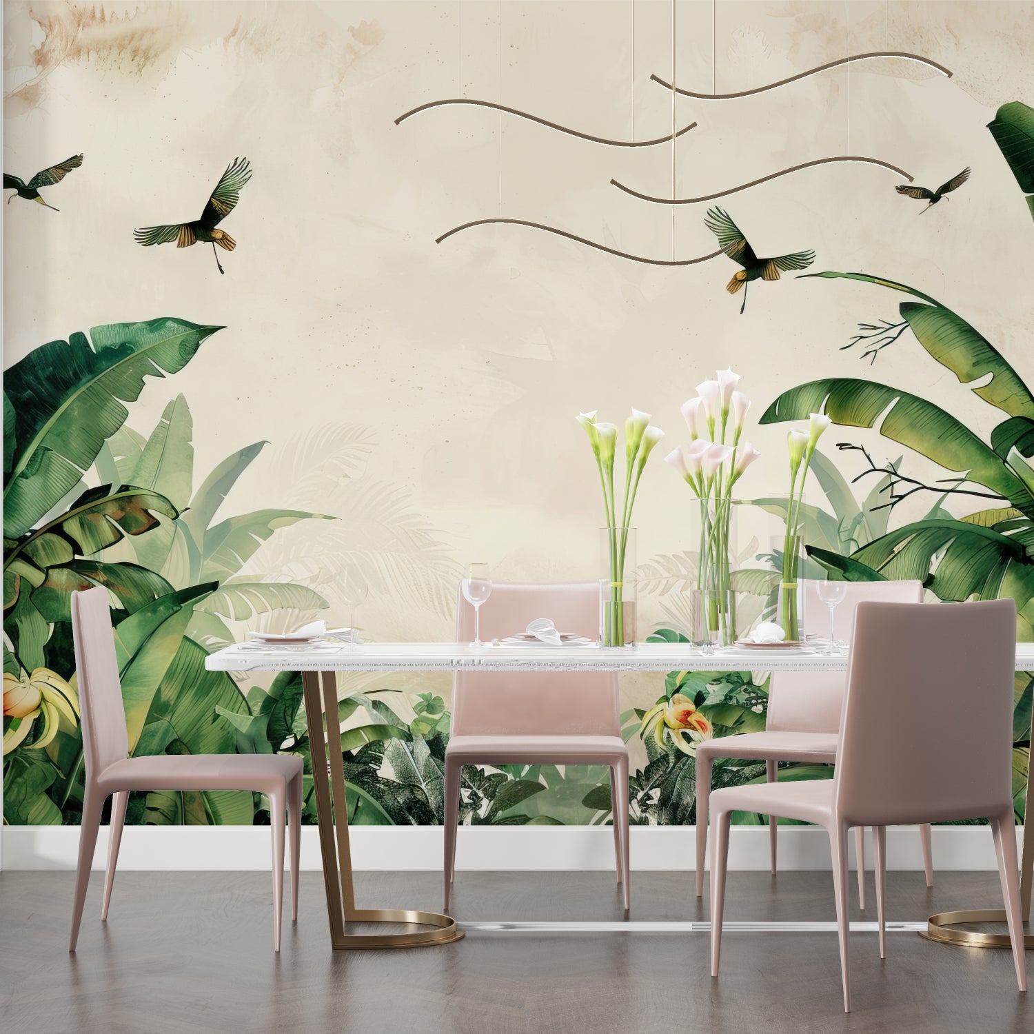 Exotic birds and banana leaves wallpaper transforming a dining room into a tropical paradise