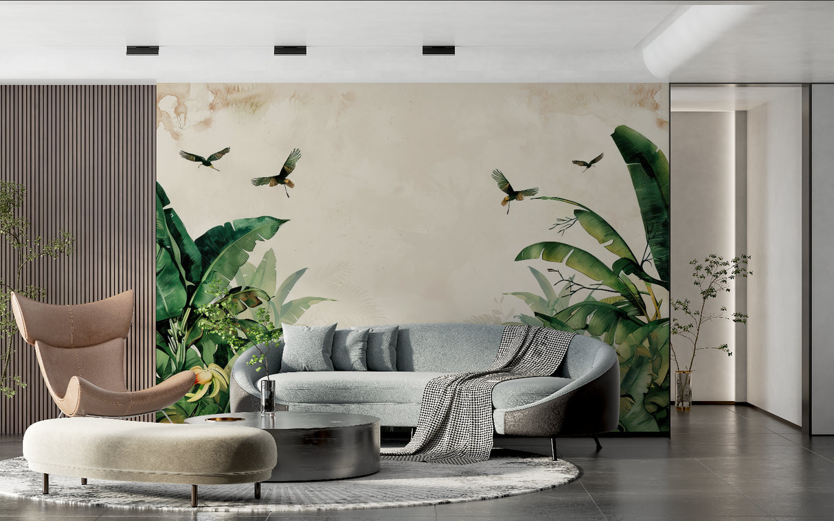 Tropical birds and leaves mural adding life to a home office space