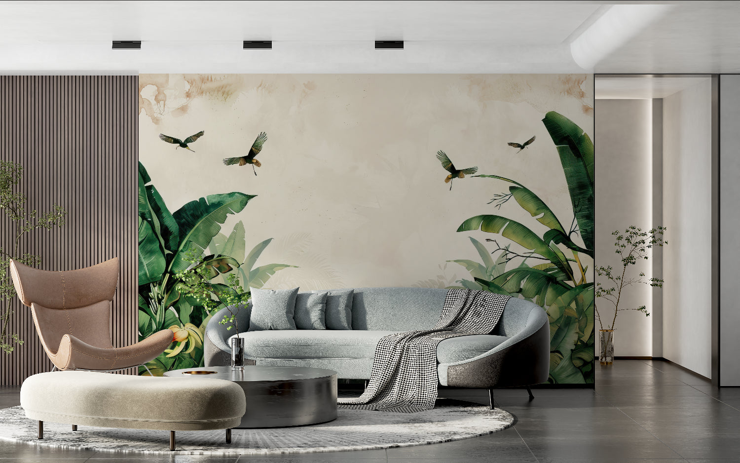 Tropical birds and leaves mural adding life to a home office space
