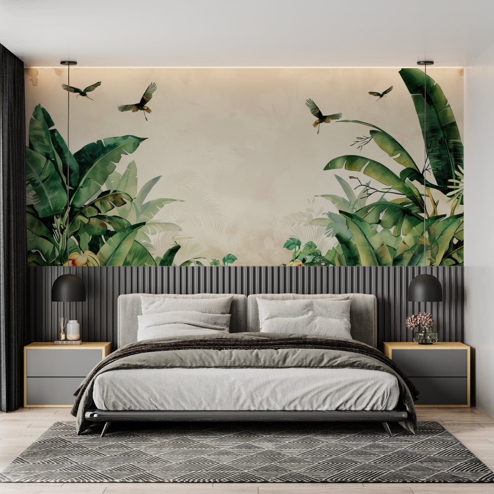 Birds and banana leaves wallpaper creating depth in a bright hallway
