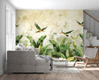 Tropical birds wallpaper creating a fresh vibe in modern living room with natural light