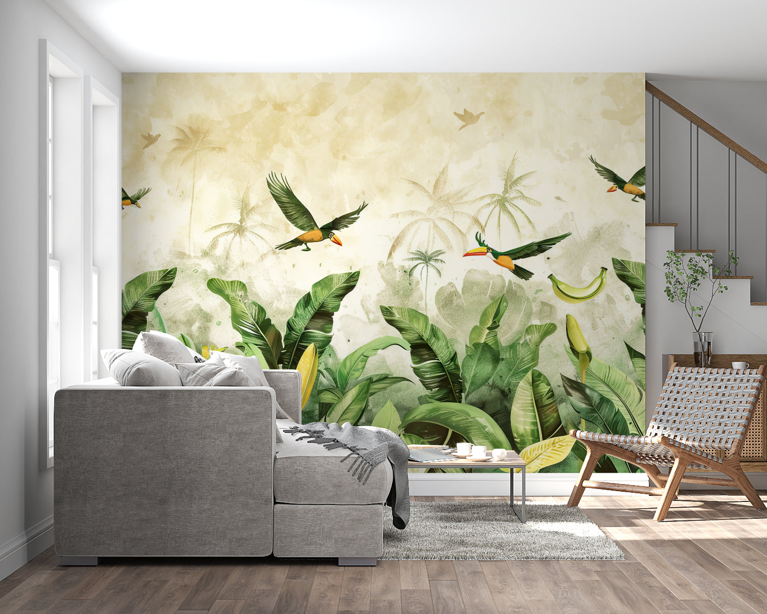 Tropical birds wallpaper creating a fresh vibe in modern living room with natural light