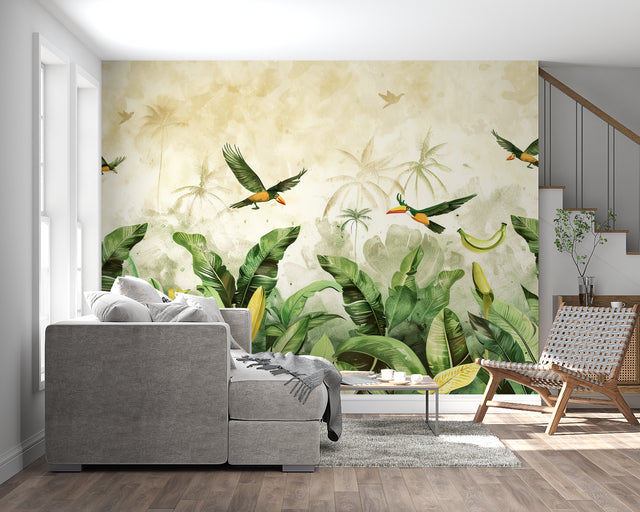 Tropical birds wallpaper creating a fresh vibe in modern living room with natural light