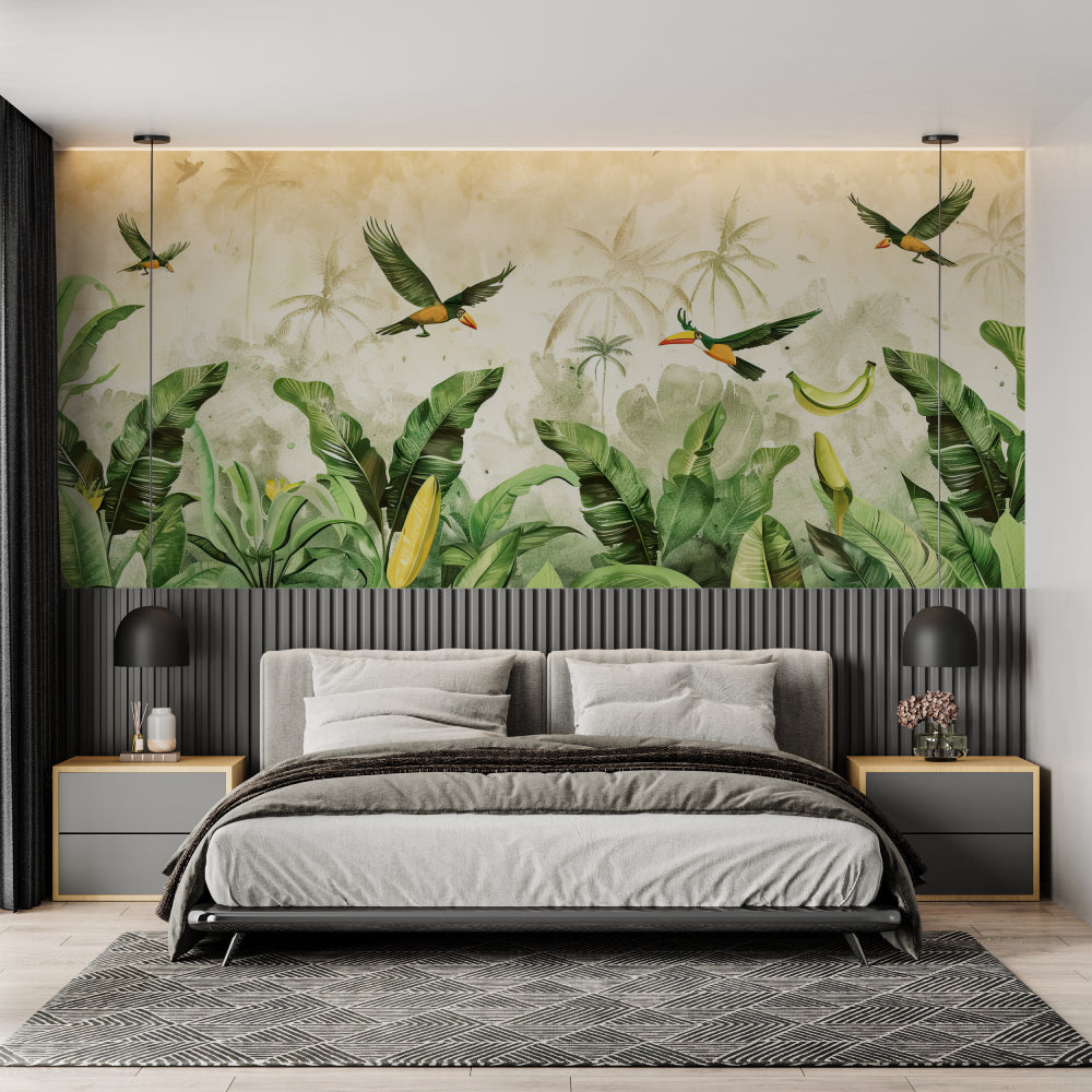 Banana leaves and toucans mural bringing life to dining room walls