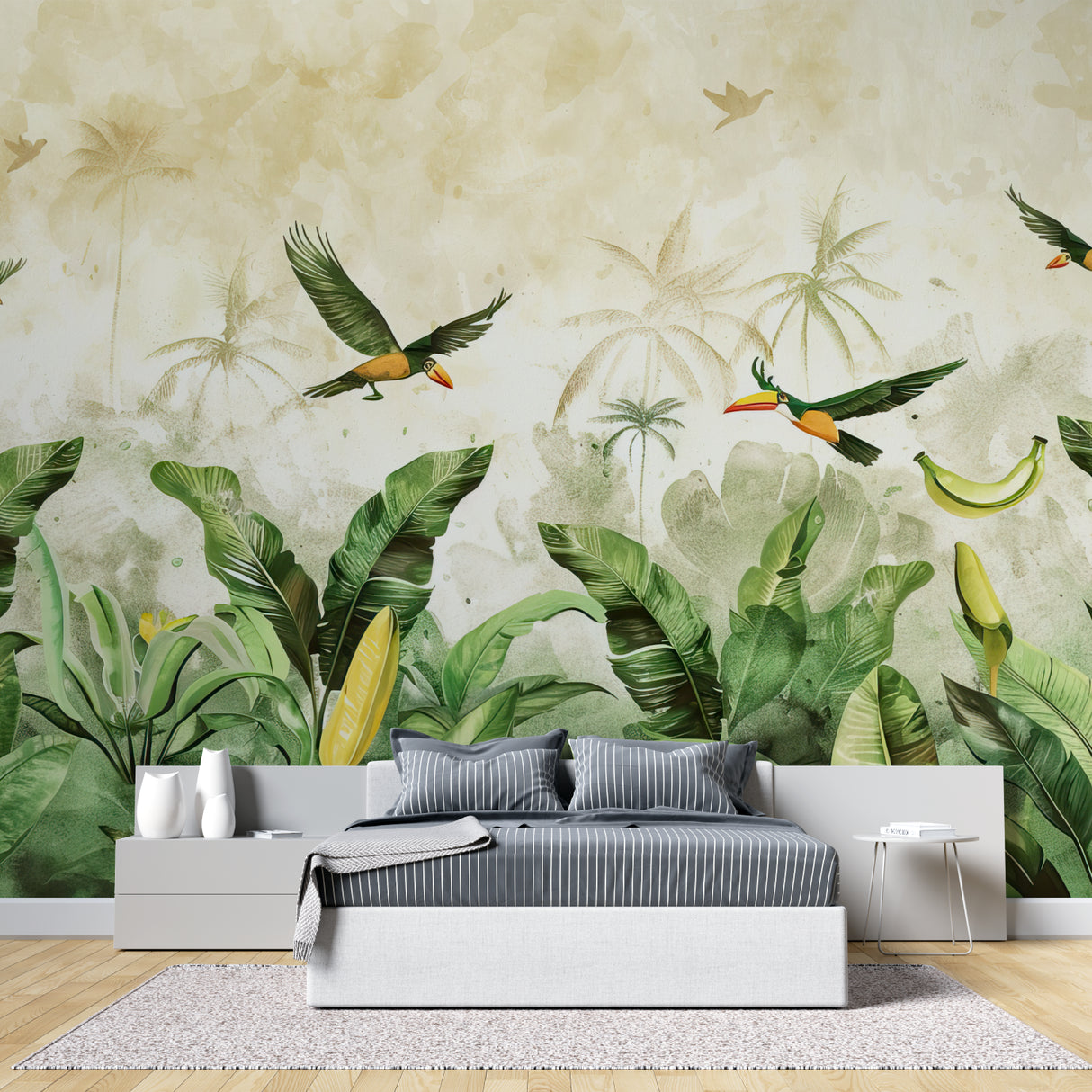 Exotic birds wallpaper making a statement in home office setting
