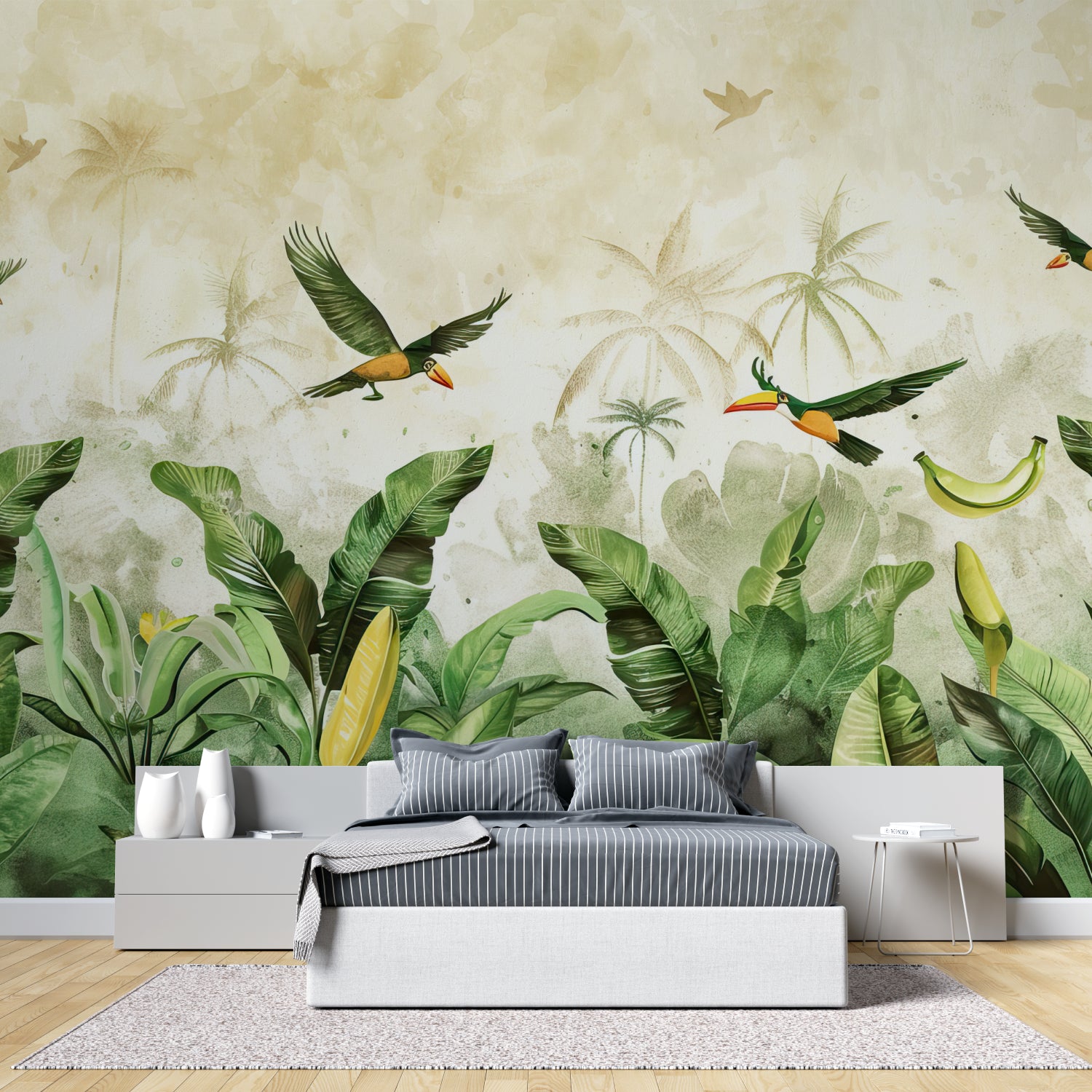 Exotic birds wallpaper making a statement in home office setting