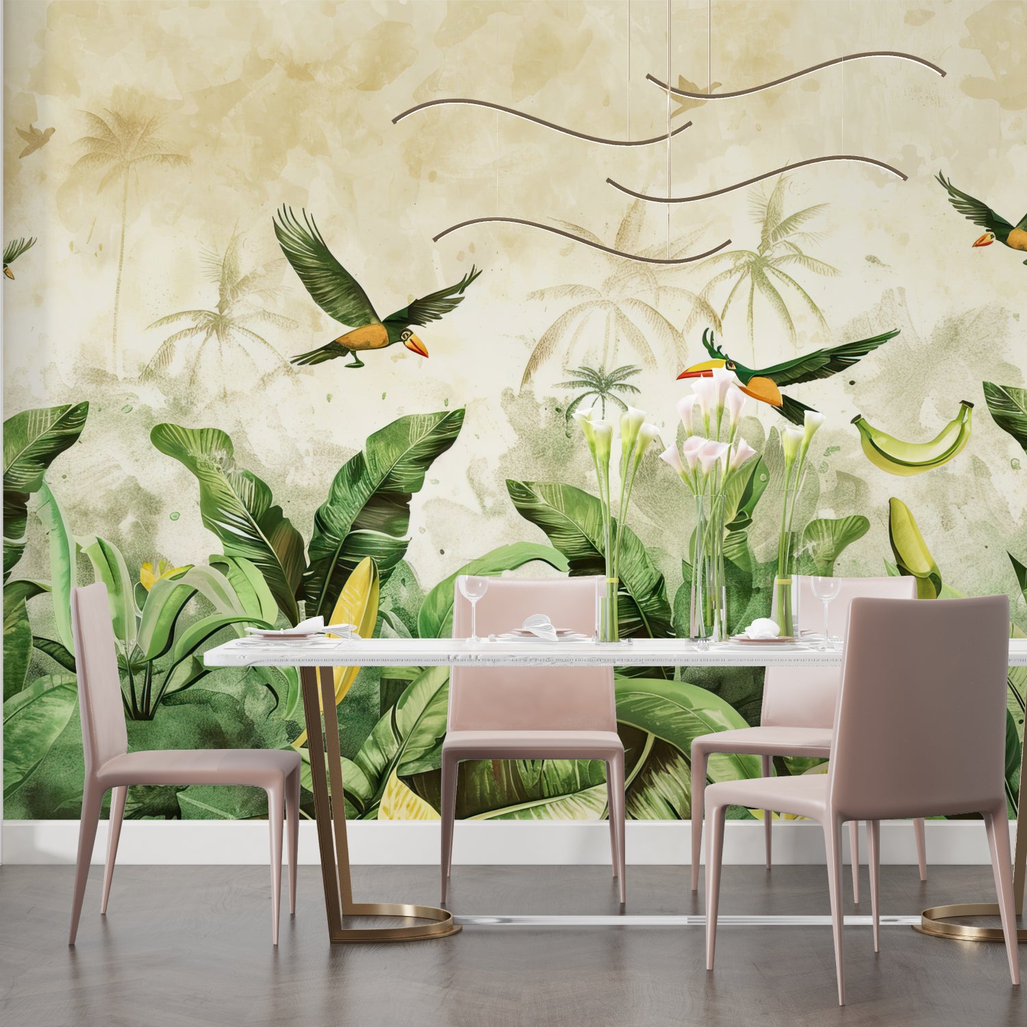 Tropical mural wallpaper adding depth to bedroom decor