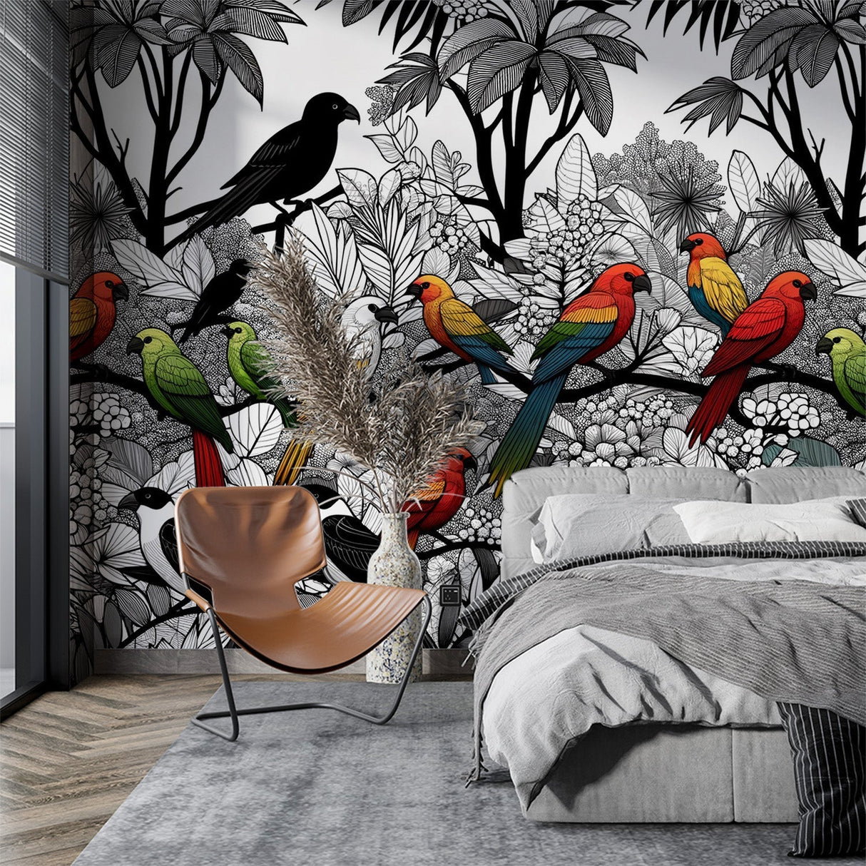 Tropical birds wallpaper making a statement in a modern living room with white furniture and gold accents