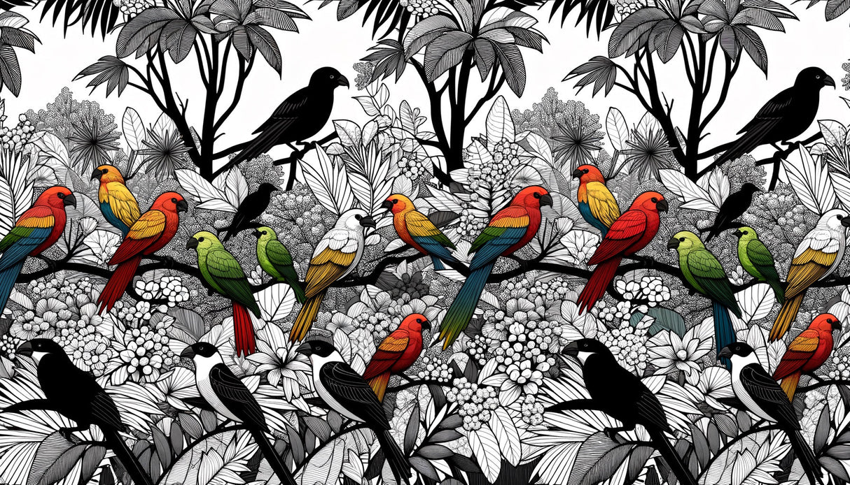 Black and white botanical bird mural creating depth in a minimalist dining room setting