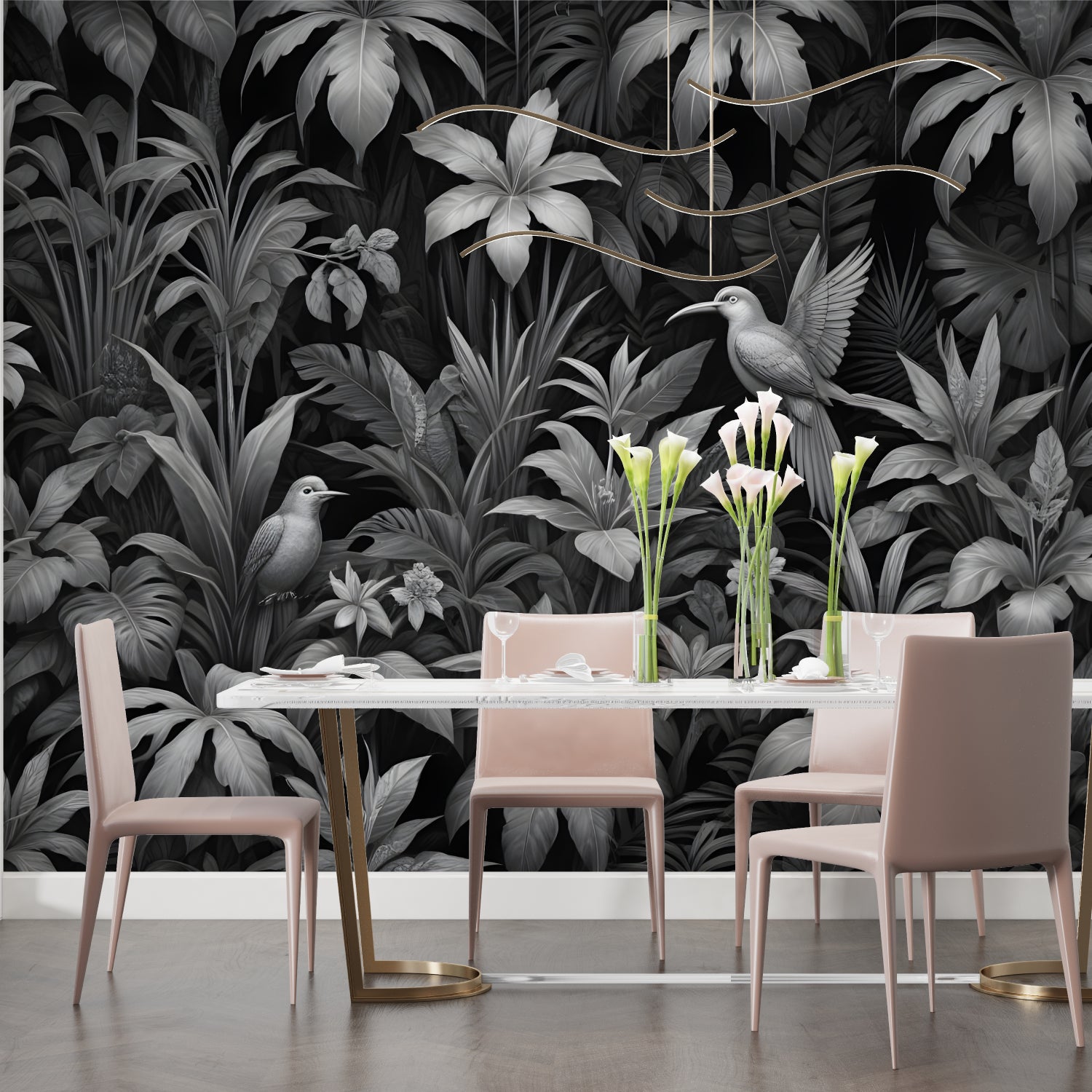 Botanical wall mural showcased in home office with natural lighting