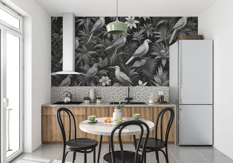 Tropical birds wallpaper in modern dining room, black and white design creating elegant atmosphere