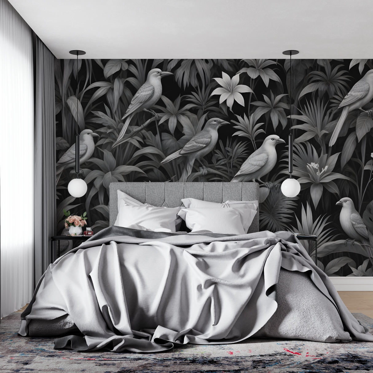 Black and white tropical birds mural in master bedroom showing scale and drama