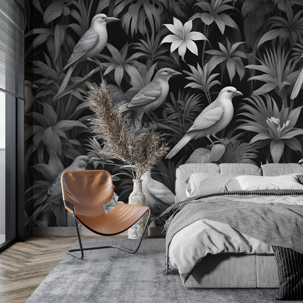 Monochrome tropical birds wall mural in home office creating focus wall