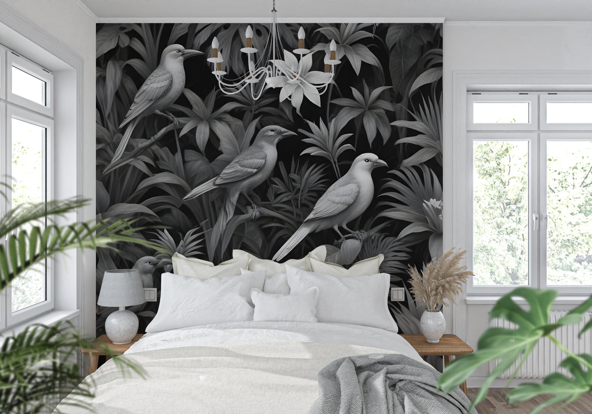 Black and white bird wallpaper styling in modern hallway showing full height