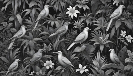 Tropical birds wallpaper design file showing intricate black and white pattern detail