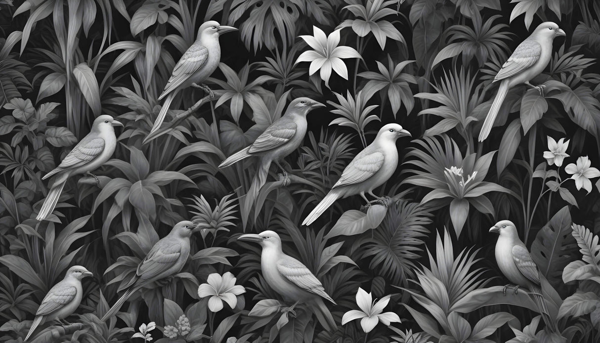 Tropical birds wallpaper design file showing intricate black and white pattern detail