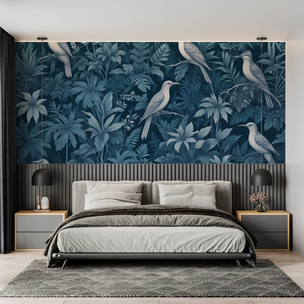Tropical birds wallpaper in blue tones creating a peaceful atmosphere in a modern living room