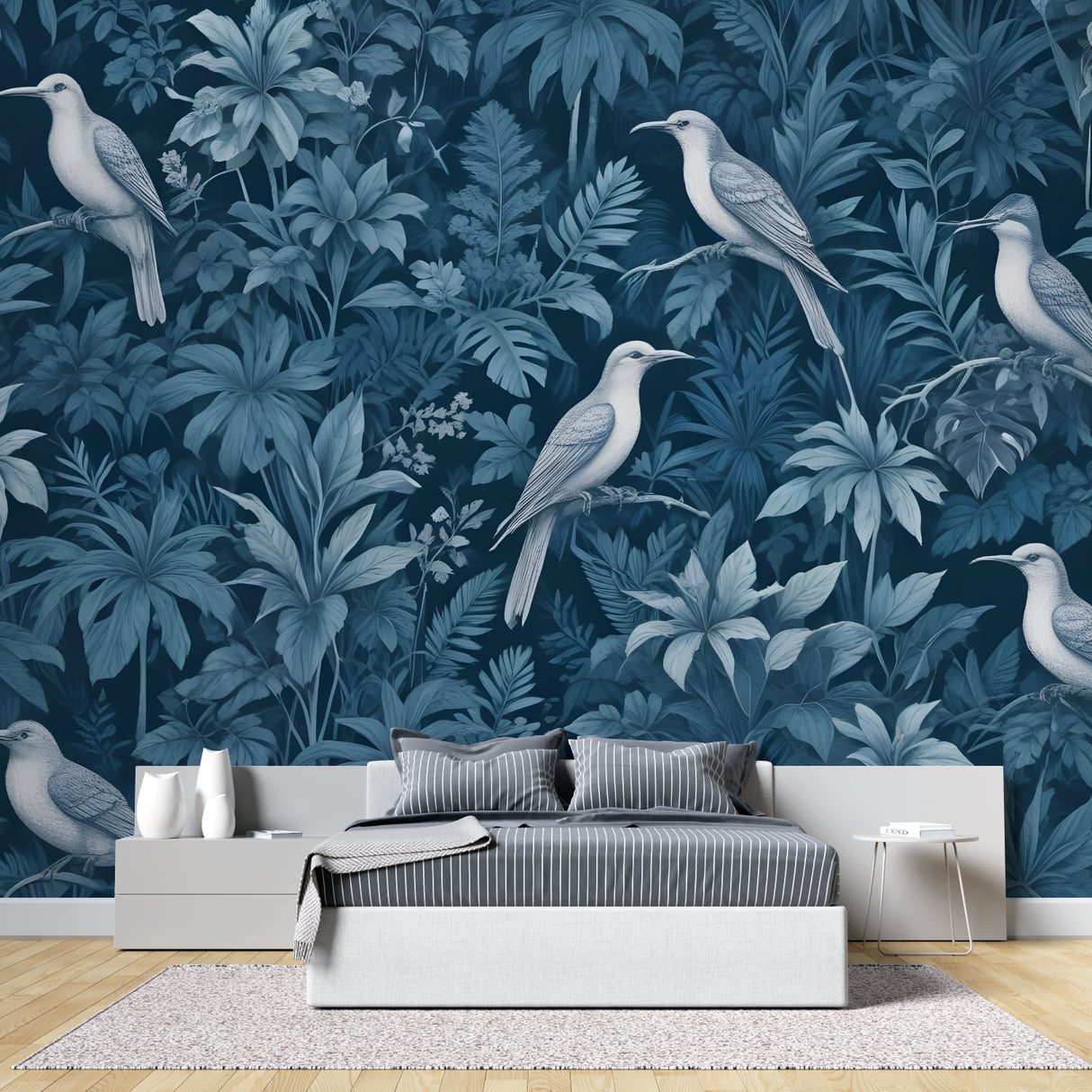 Blue jungle birds wall mural adding depth to a sophisticated dining room setting