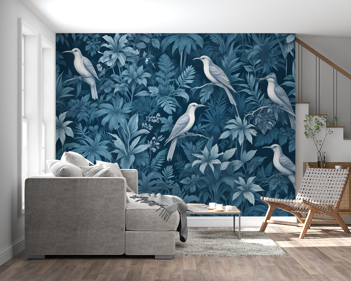 Elegant white birds and blue leaves wallpaper in a master bedroom