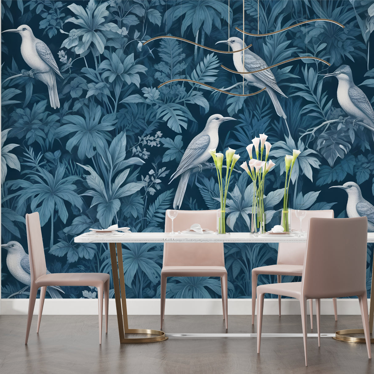 Tropical birds wall design bringing nature into a home office space