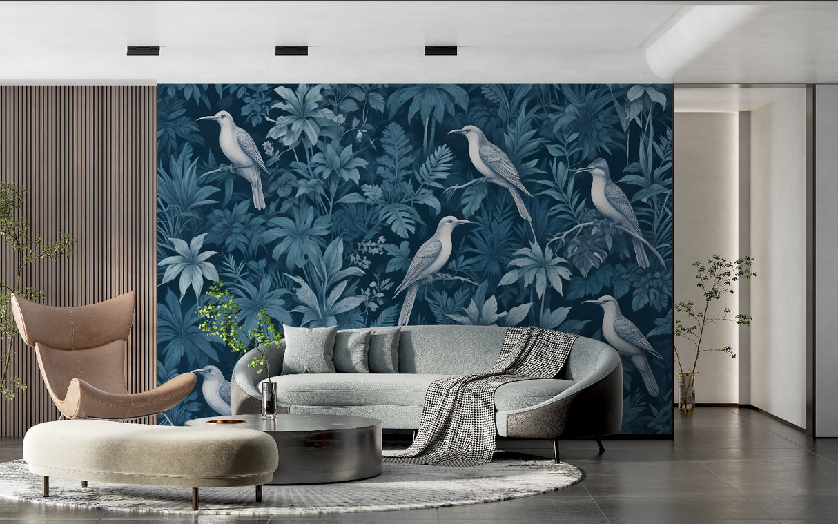 Blue jungle paradise mural creating a statement wall in an entryway