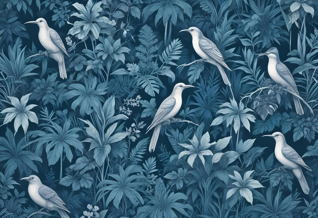 White tropical birds and blue jungle leaves design file showing intricate pattern details