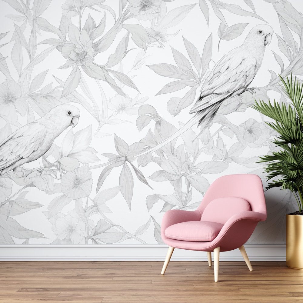 Tropical bird wallpaper creating a peaceful atmosphere in a modern living room with white furniture and natural light