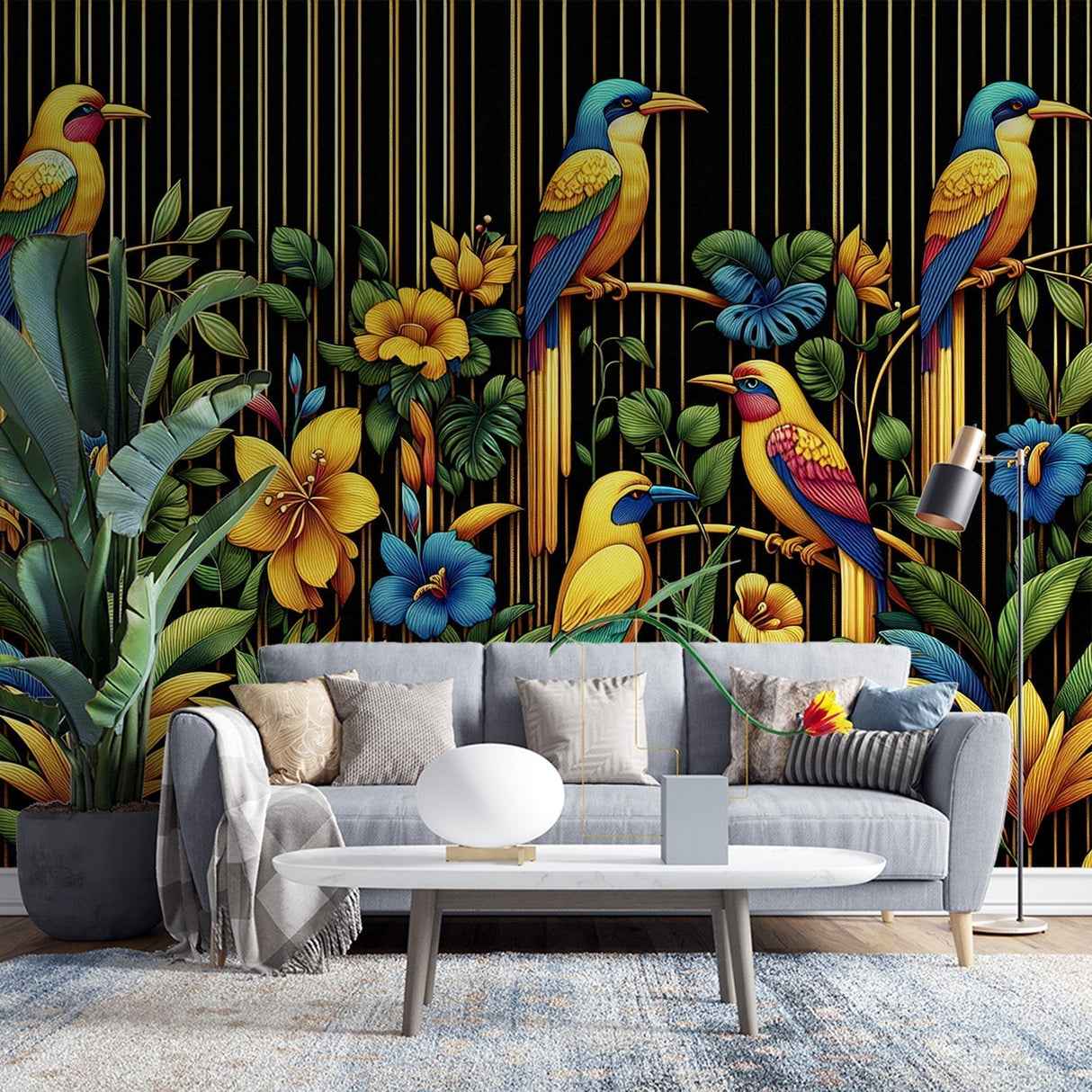 Tropical birds gold wallpaper creating drama in a modern living room with black accent walls and gold furniture