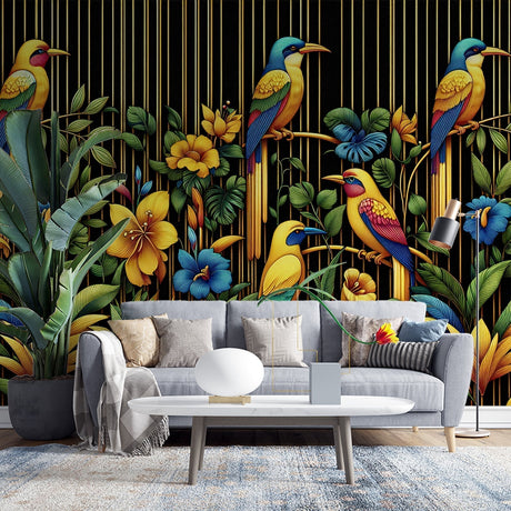 Tropical birds gold wallpaper creating drama in a modern living room with black accent walls and gold furniture