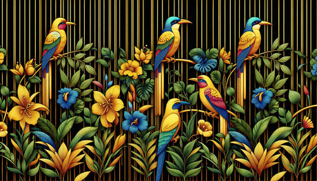 Luxury tropical birds design file with gold accents on black background showing detailed pattern and rich colors