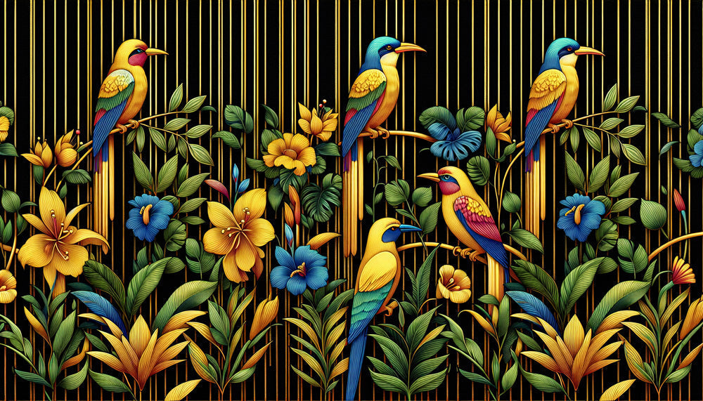 Luxury tropical birds design file with gold accents on black background showing detailed pattern and rich colors