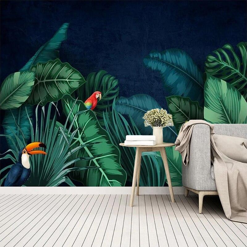 Night jungle bird wallpaper transforming a cozy bedroom with soft lighting